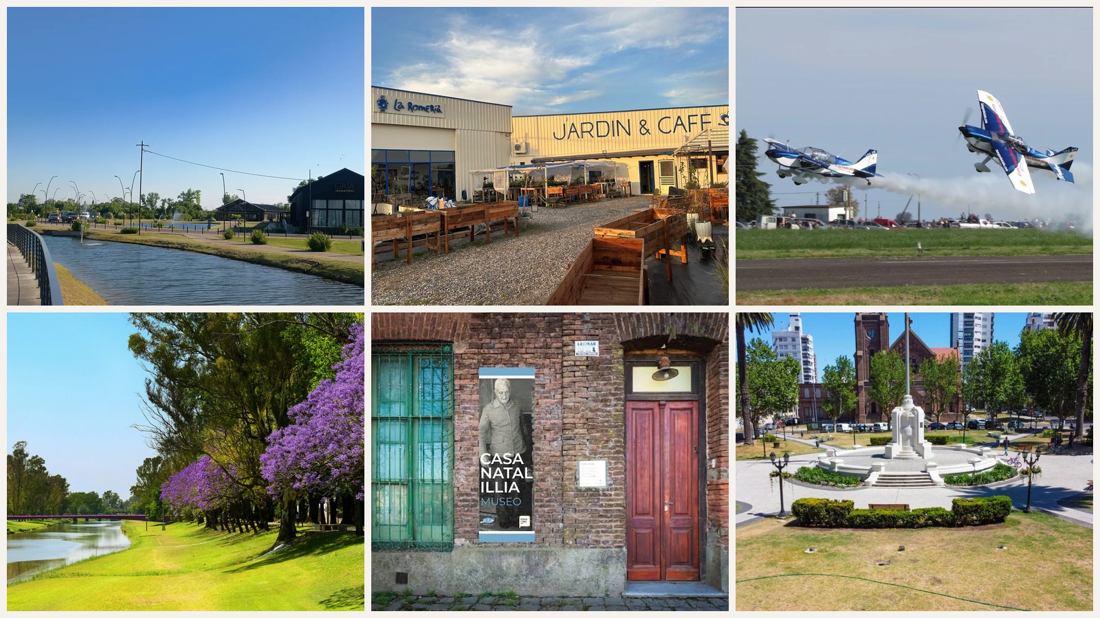 Collage de Pergamino: parque, vivero, aeroclub, terraplén, Casa Natal Illia y Plaza de la Merced