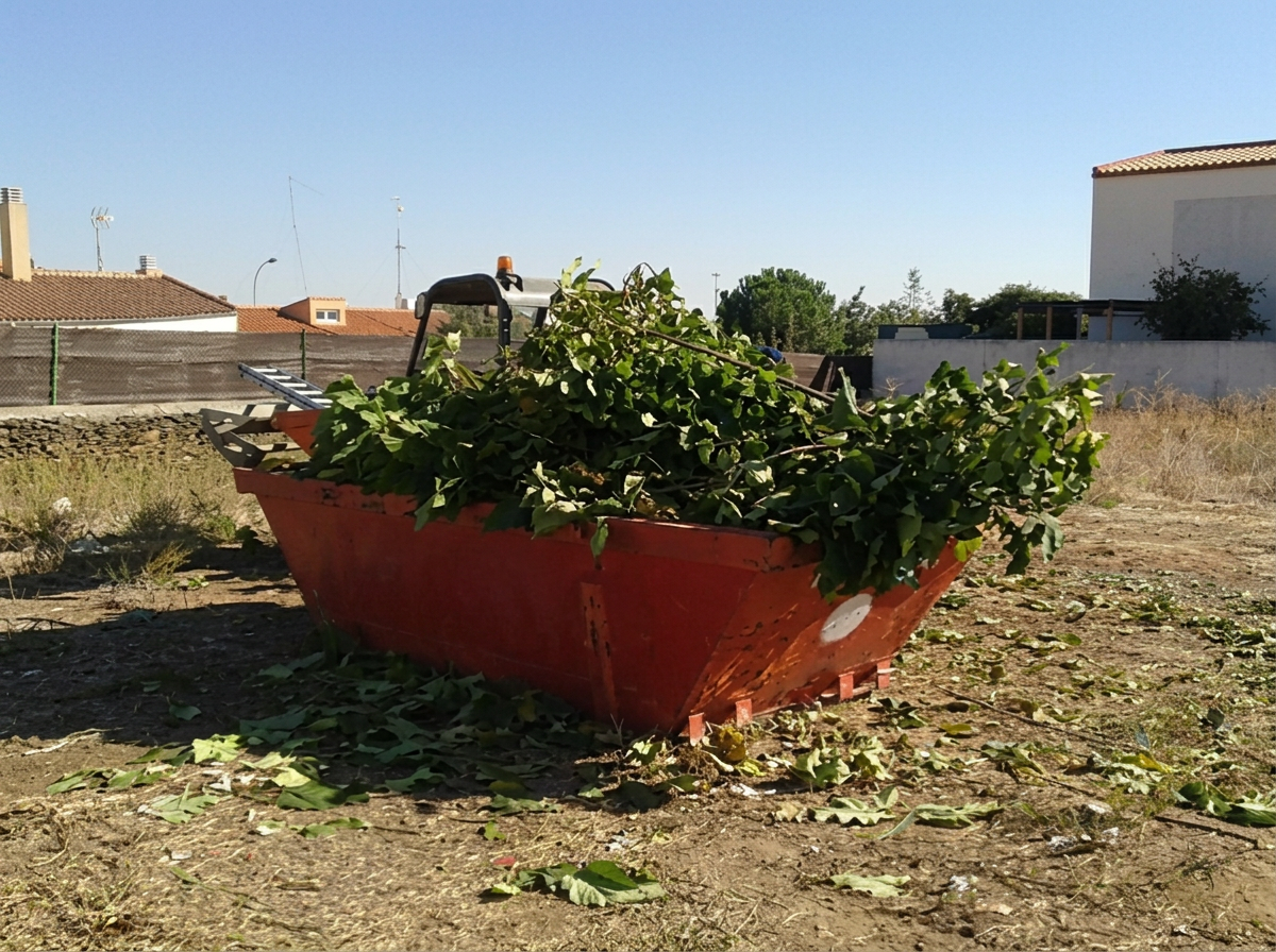 Volquete privado cargado con ramas y restos de poda en un terreno de Pergamino