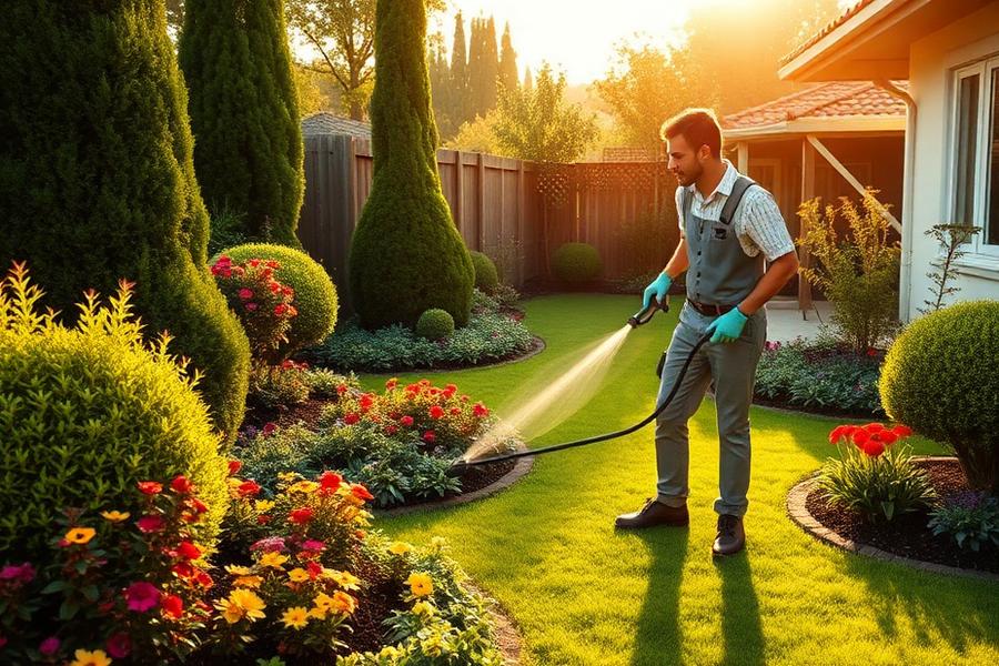 Jardinero cuidando un jardín bien mantenido con césped verde, arbustos recortados y flores de estación
